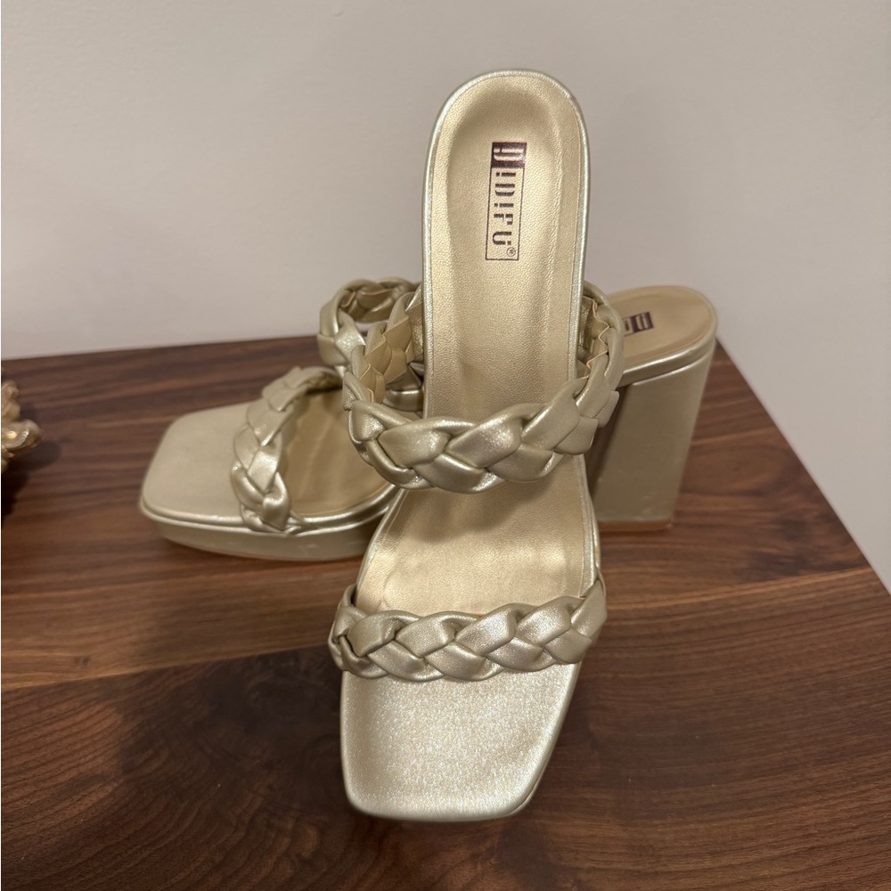 IDIFU Women's Gold Braided Heeled Sandals